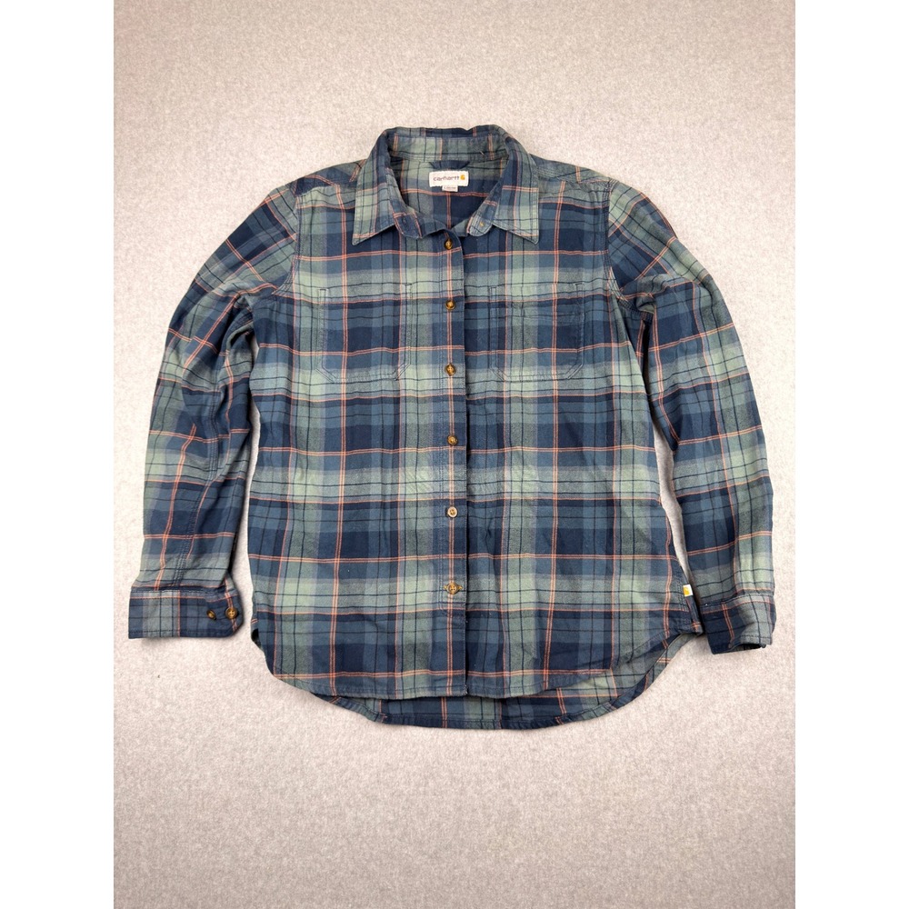 Carhartt Womens Plaid Flannel Shirt Blue L 12/14 Cabincore Gorpcore Cottagecore
